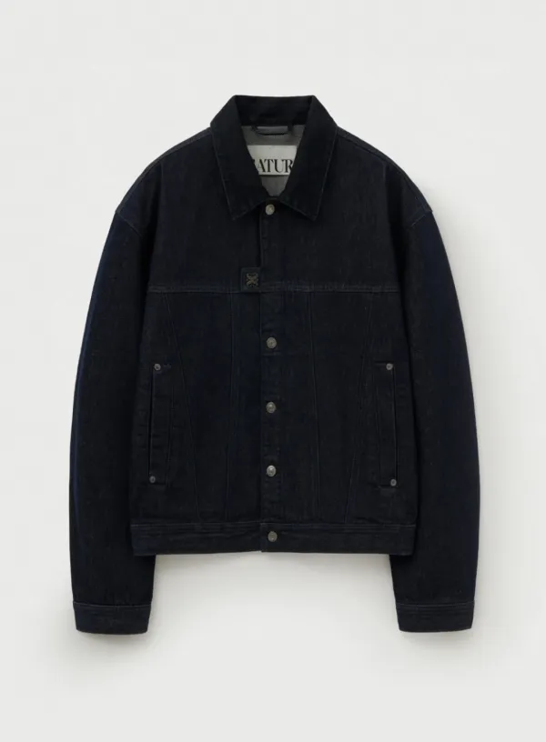 Symbol Brooch Velvet Collar Denim Trucker Jacket - Indigo