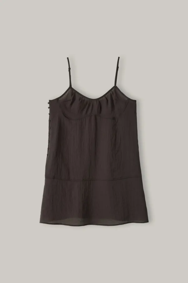 Button Side Sheer Dress (Brown)
