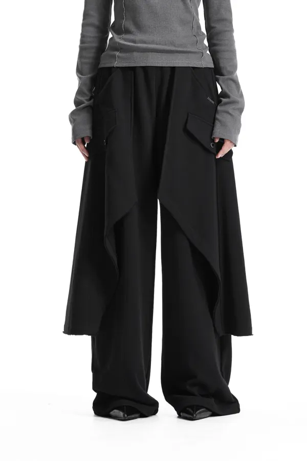 Raw-Edge Layered Sweat Pants [ Black ]