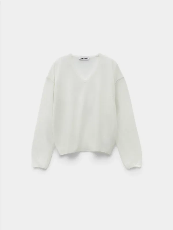 See-Through V-Neck Knit Pullover_White