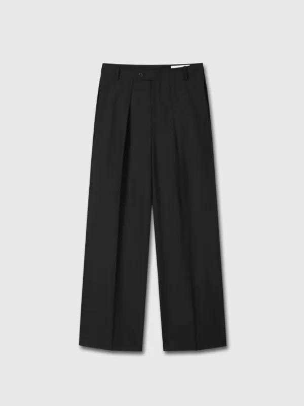 (W) WOOL TWILL WIDE-LEG PLEATED TROUSERS_ BLACK