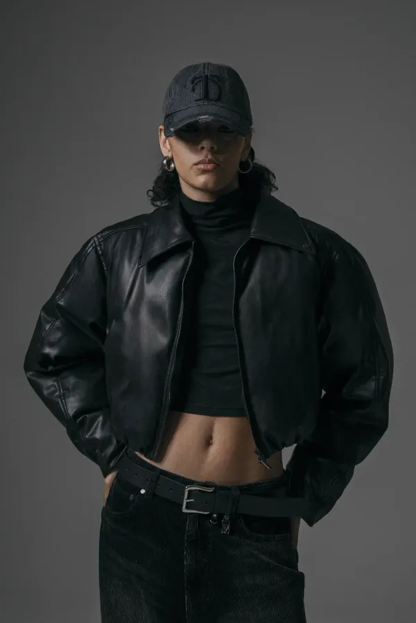 Matt Leather Short Padding Jumper [ Black ]