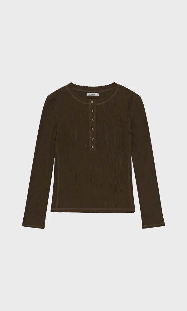 Fine Rib Henley Neck Top_Brown