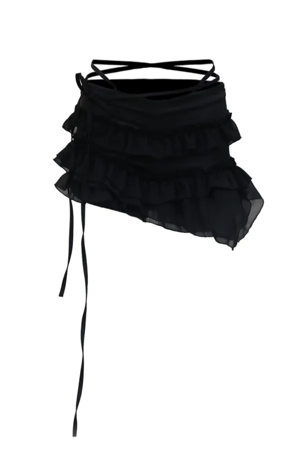 STRING & LAYERED FRILL SKIRT PANTS BLACK
