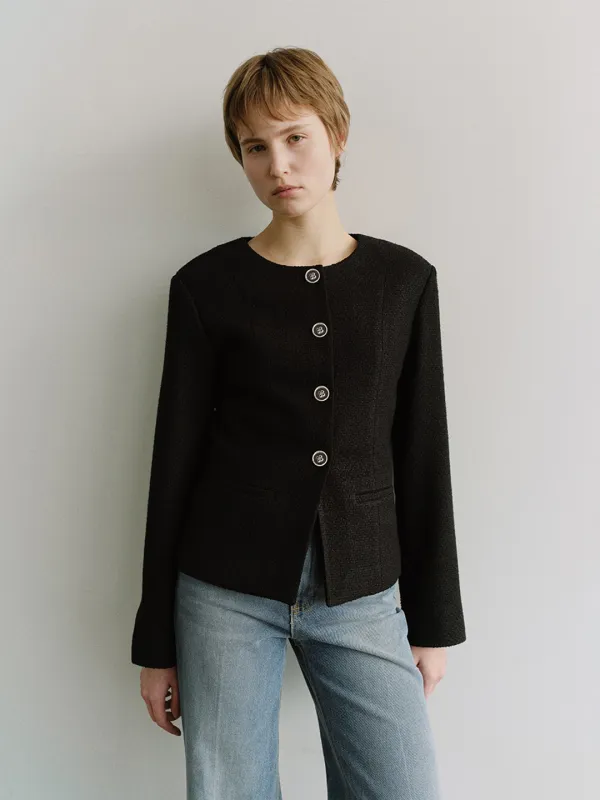 TIS COLLARLESS TWEED WOOL BLAZER_BLACK