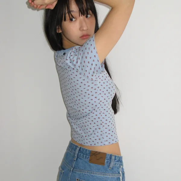 FLORAL LOGO SLIM CROP T SHIRT SOFT BLUE