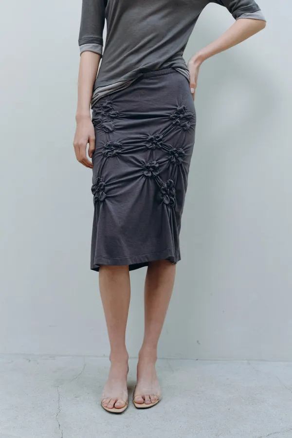 FLORAL SHIRRED MIDI SKIRT, CHARCOAL