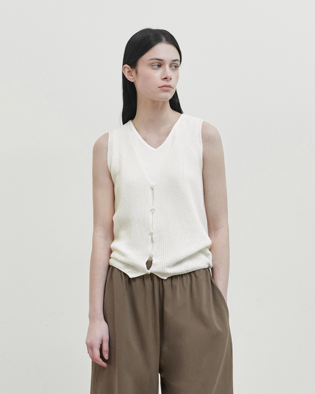 브라운야드 W Paper Cotton Knit Vest, Ivory 상품 이미지 2