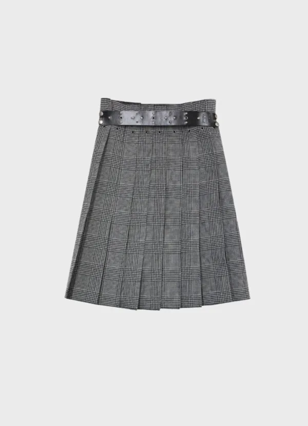 check midi pleated skirt with leather accent