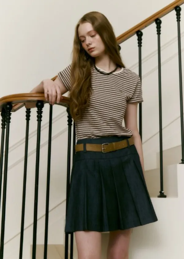 BELT POINT PLEATS SKIRT (indigo denim)
