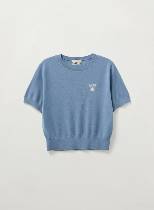 (W) Light Weight Crew Neck Half Knit - Blue