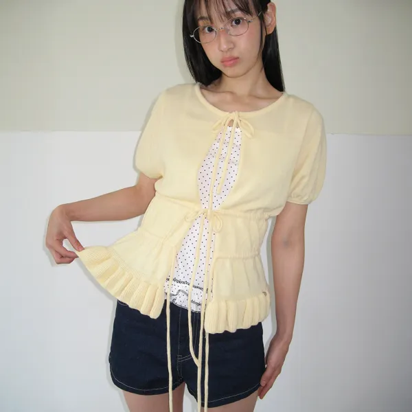 RUFFLE TEM TIE KNIT CARDIGAN SOFT YELLOW