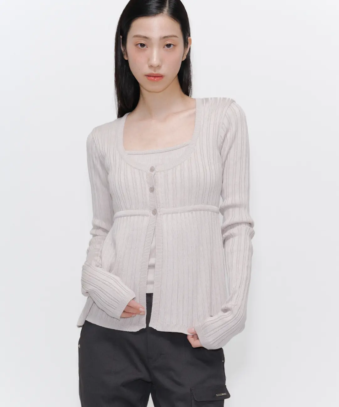 미세키서울 Ribbed layered cardigan knit SAND BEIGE 상품 이미지 2