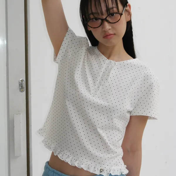 DOT RUFFLE HALF SLEEVE T SHIRT WHITE