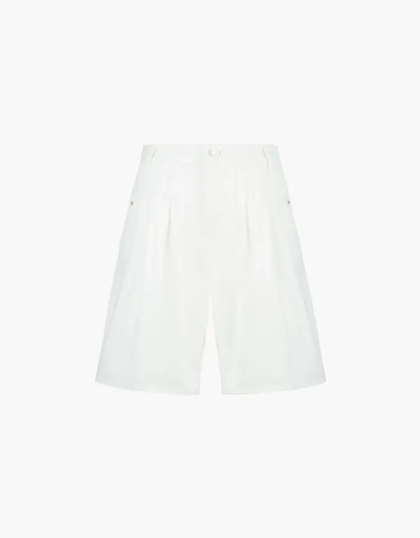 tuck wide half denim pants - white