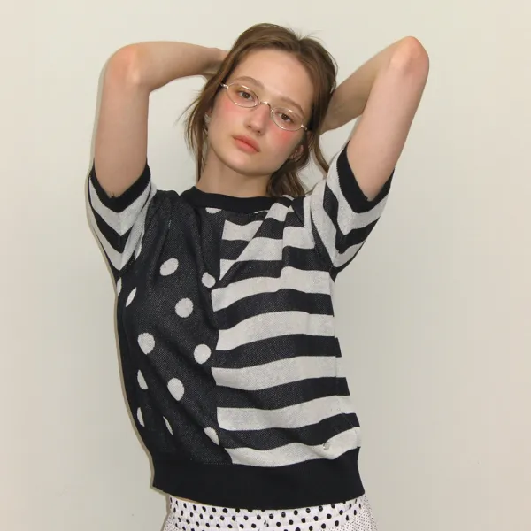 DOT STRIPE MIX HALF KNIT NAVY