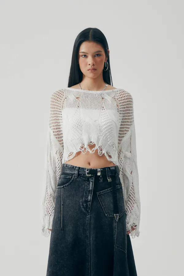 Cord Cable Crop Knit [ White ]