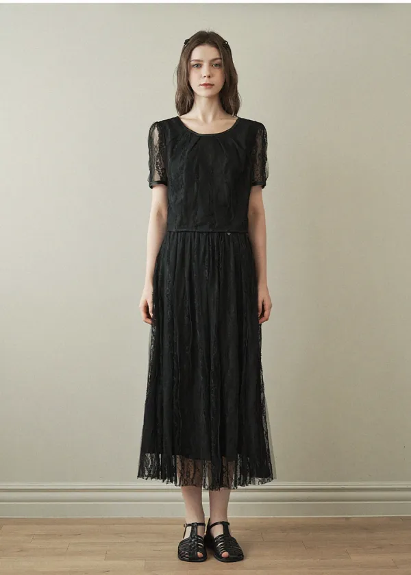  [44-120]  Bud Lace Blouse-Long Skirt Setup  버드 레이스 블라우스-롱 스커트 셋업 (여름-하객룩-격식룩-데이트룩-오피스룩-여행룩-세트-뒷밴딩-플레어스커트-레이스-라운드넥-플라워패턴-자체제작) 