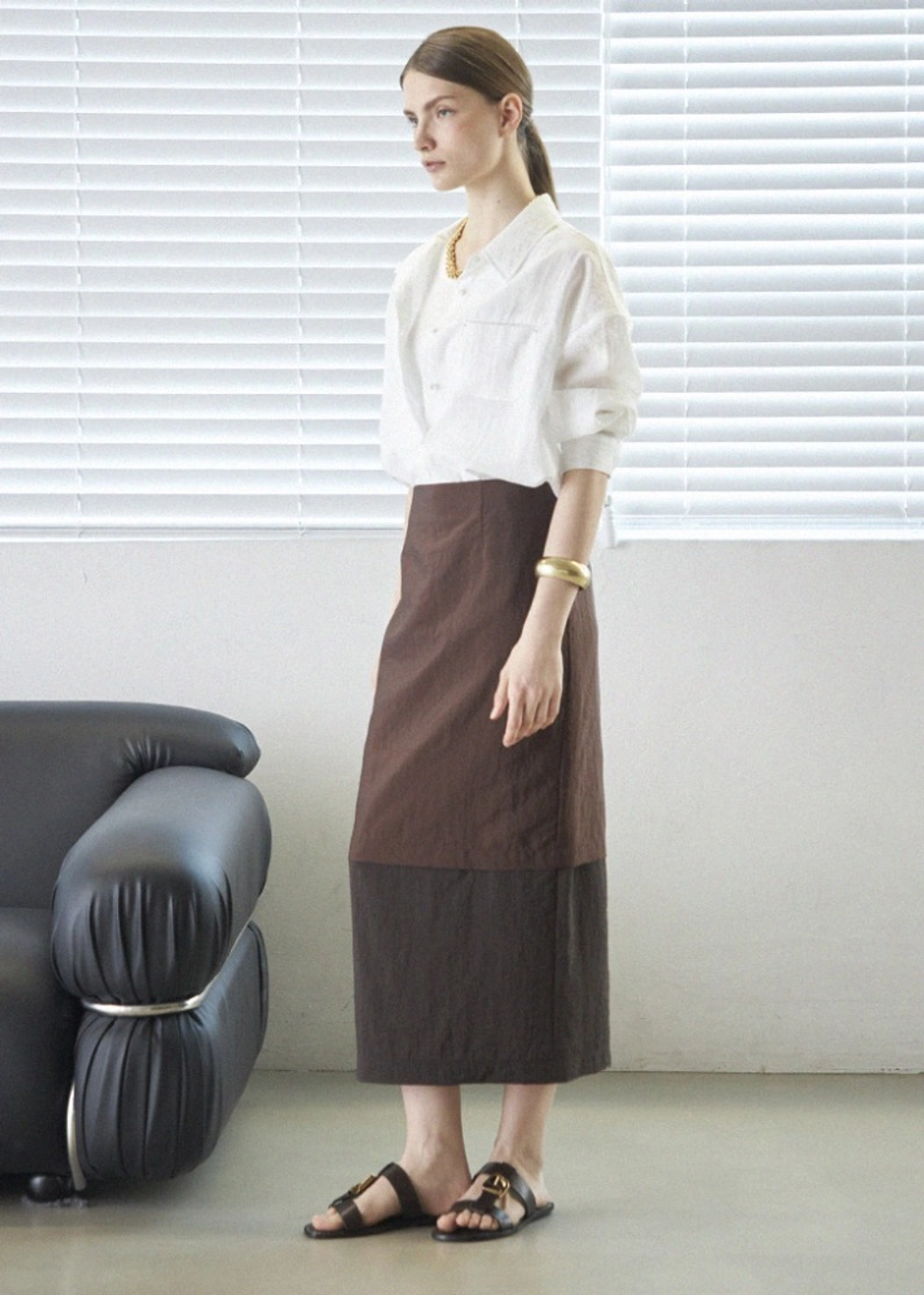 메종드이네스 DOUBLE LAYERED H-SKIRT _BROWN 상품 이미지 2