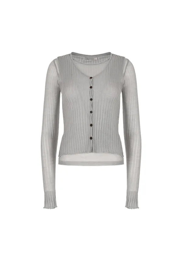 SHEER BUTTON KNIT TOP TWO PIECE [GREY]