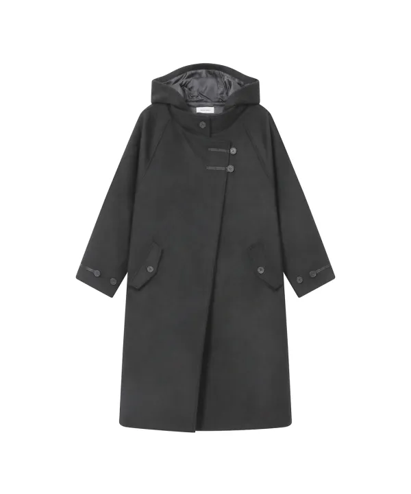 [레이 PICK] Asymmetric hoodie long duffle coat CHARCOAL