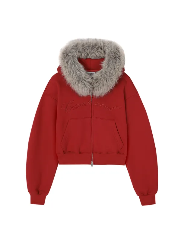 EMBROIDERED FUR-TRIM BRUSHED ZIP-UP HOODIE_RED