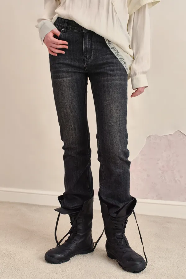 WASHED STRAIGHT DENIM PANTS, BLACK