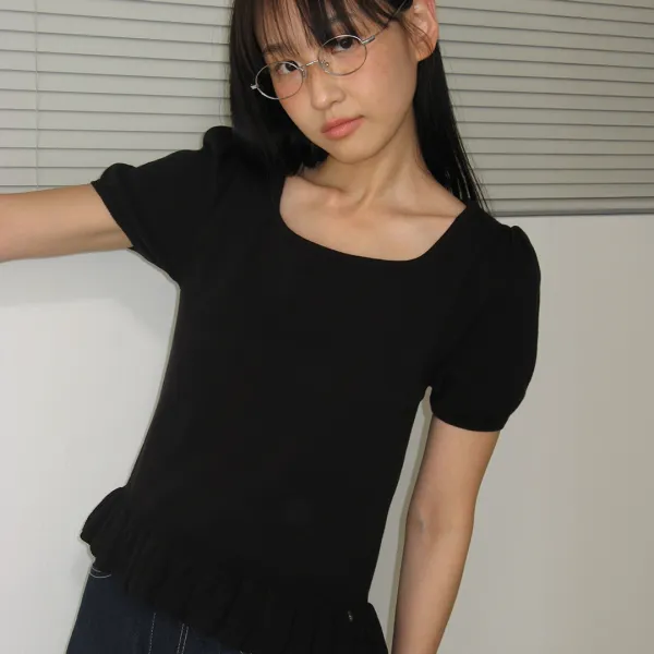 PUFF SLEEVE RUFFLE KNIT BLACK