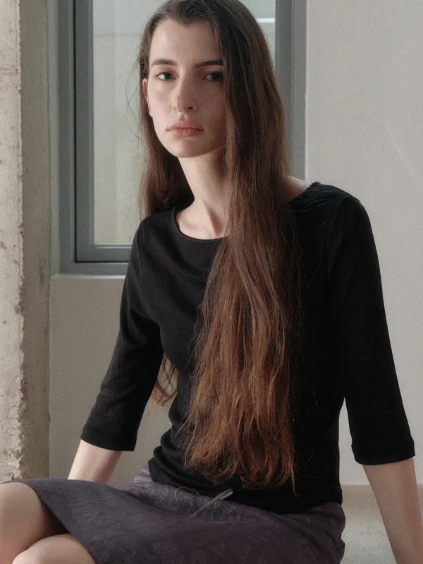 KAIA BOAT NECK 3/4 SLEEVE T-SHIRT_BLACK