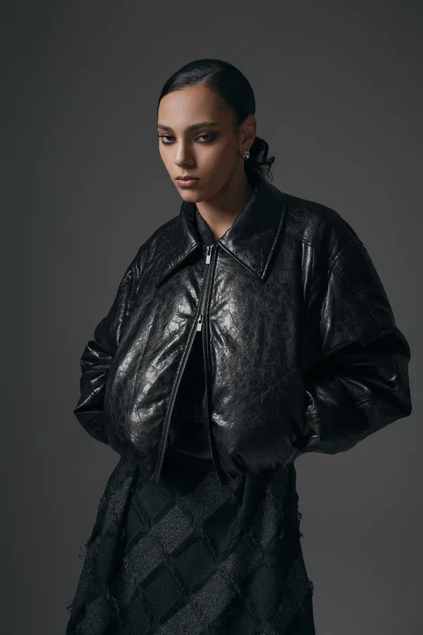 Glossy Leather Short Padding Jumper [ Black ]