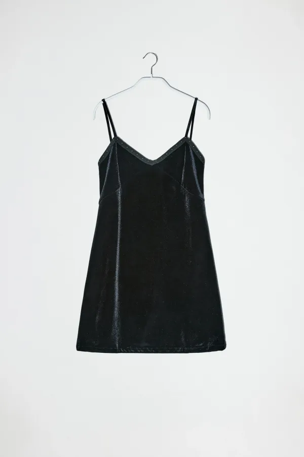 VELVET STUD MINI DRESS - BLACK