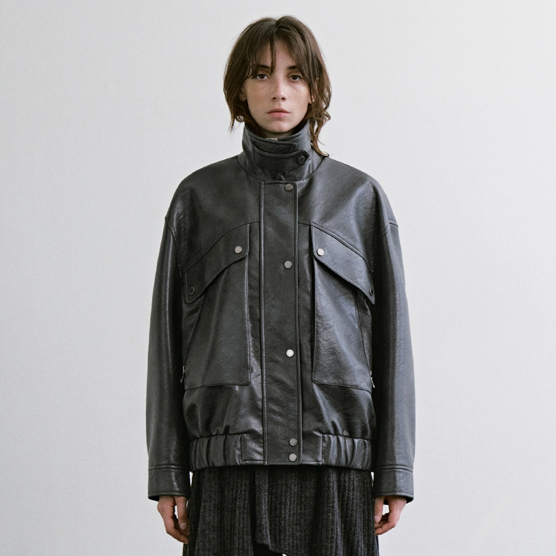트리밍버드 Diagonal Leather Blouson Jumper [ Gray ] 상품 이미지 1