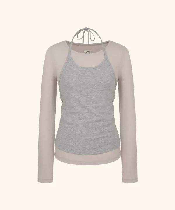 Shirring Halter-Neck Layered T-Shirt ( Pink )