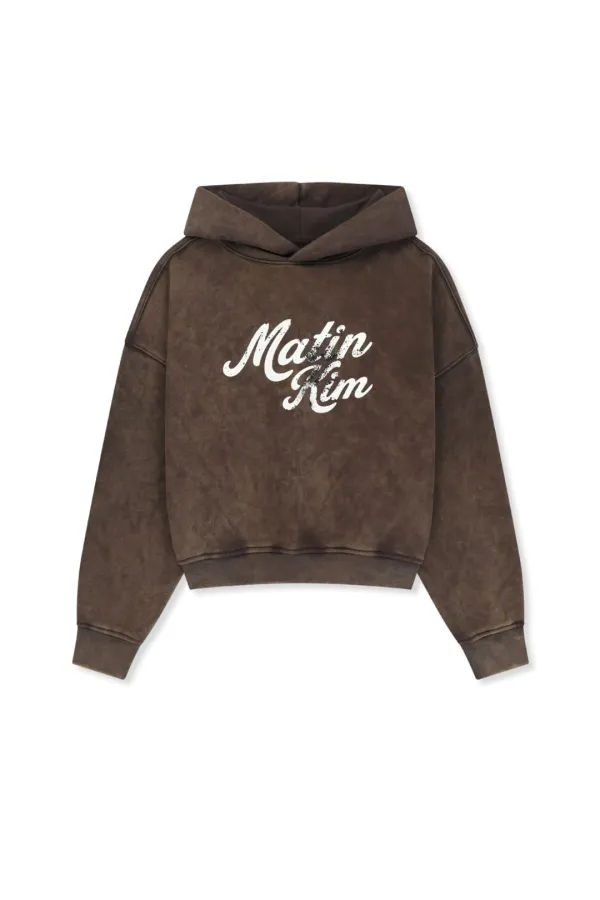 WASHED CALLIGRAPHY LOGO HOODY TOP IN BROWN