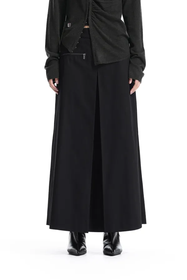 Zip Detail Wide Skirt Pants [ Black ]