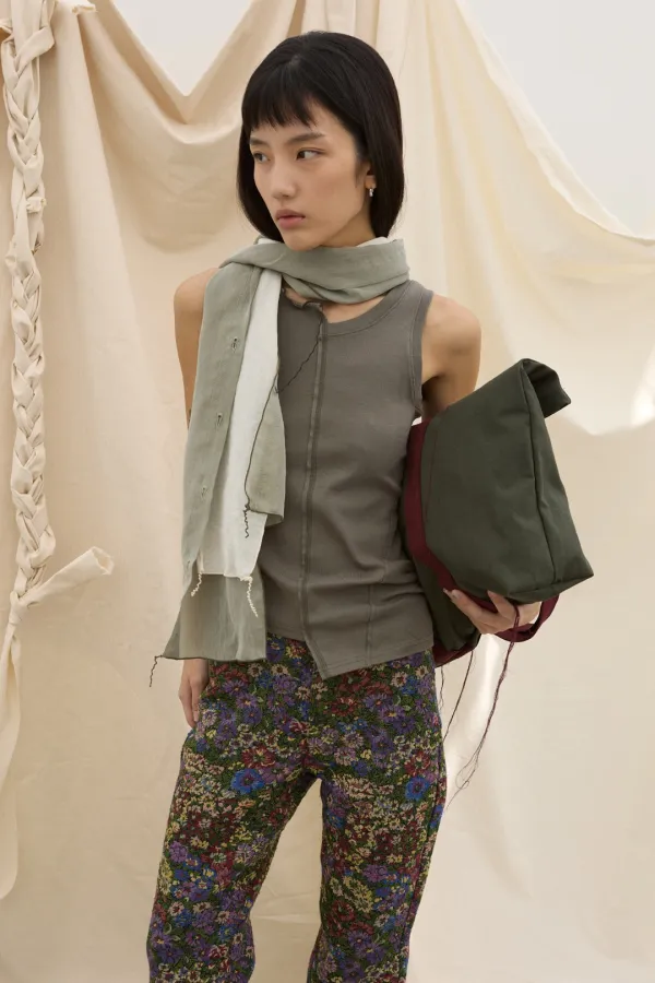ASYMMETRIC PANEL SLEEVELESS TOP OLIVE BROWN