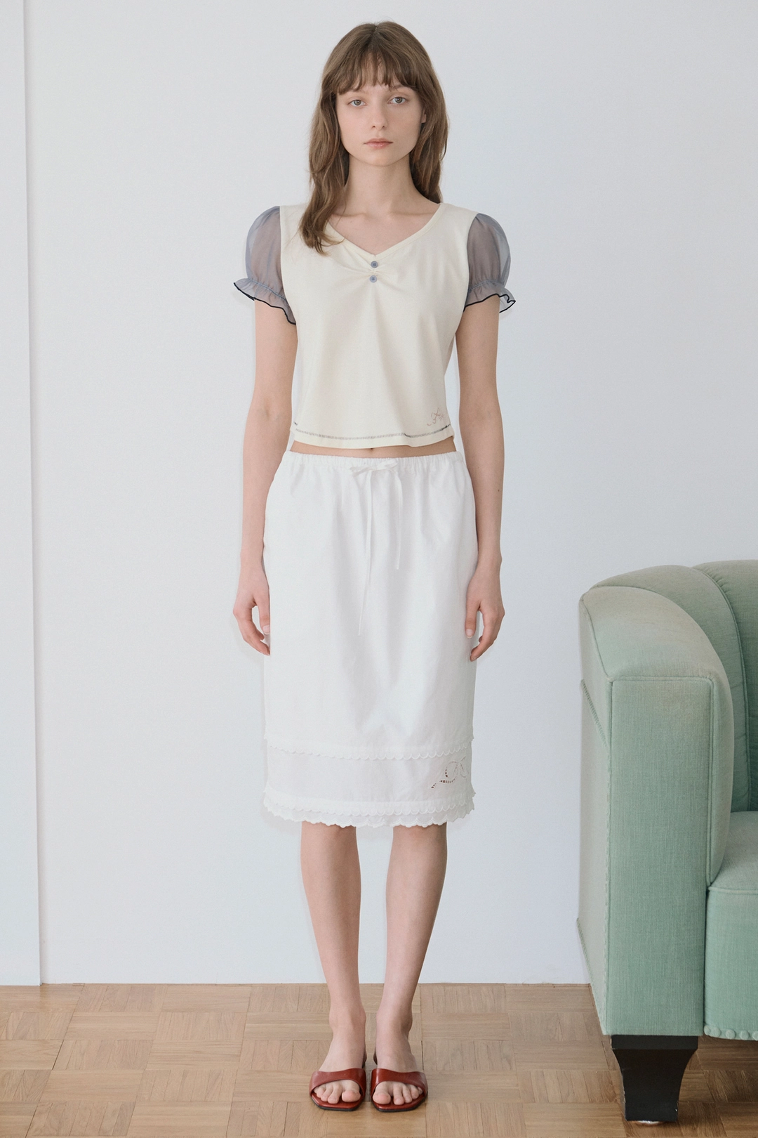 시눈 Ribbon Shirring Puff T-Shirt (Cream) 상품 이미지 2