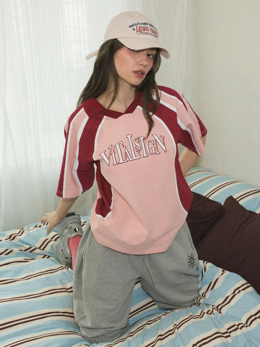 바이탈싸인 [LINE] 바시티 카라 티셔츠 (Pink) 상품 이미지 2