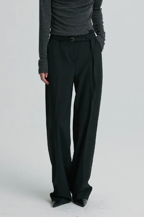 WOOL BLEND BELTED TROUSERS BLACK