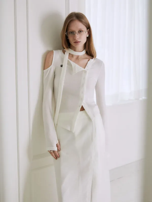 [5th] VIENNE Unbalanced Cut-Out Detail Knitted Cardigan_Ivory