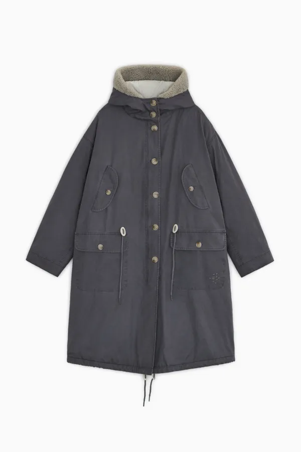 [10/6 SOON] TEDDY FUR HOODED LONG PARKA, DUSTY BLUE