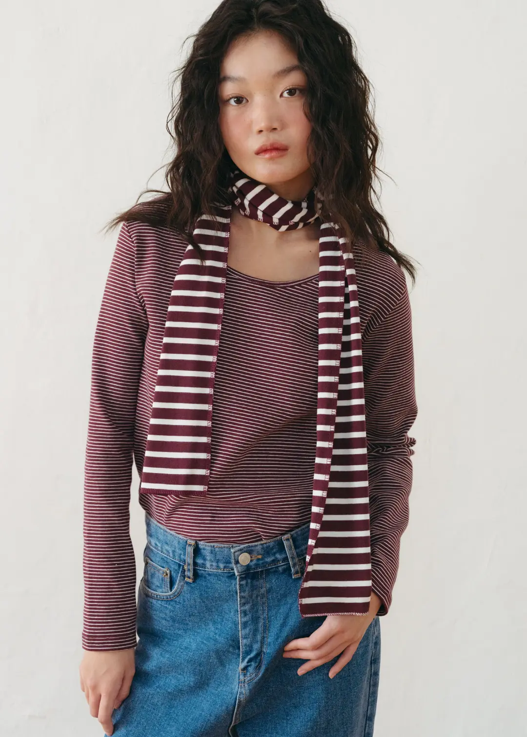 온무드 STRIPE LONG T-SHIRT (+MUFFLER SET) - WINE 상품 이미지 2