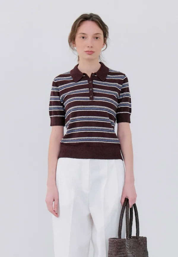 BOUCLE STRIPE COLLAR KNIT - BROWN