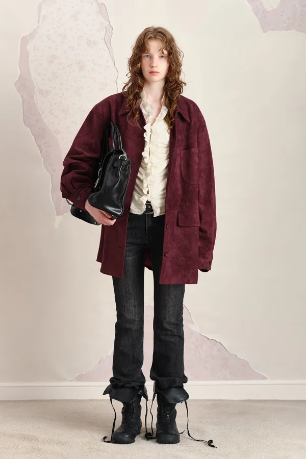 FAUX LEATHER CAR COAT, BURGUNDY