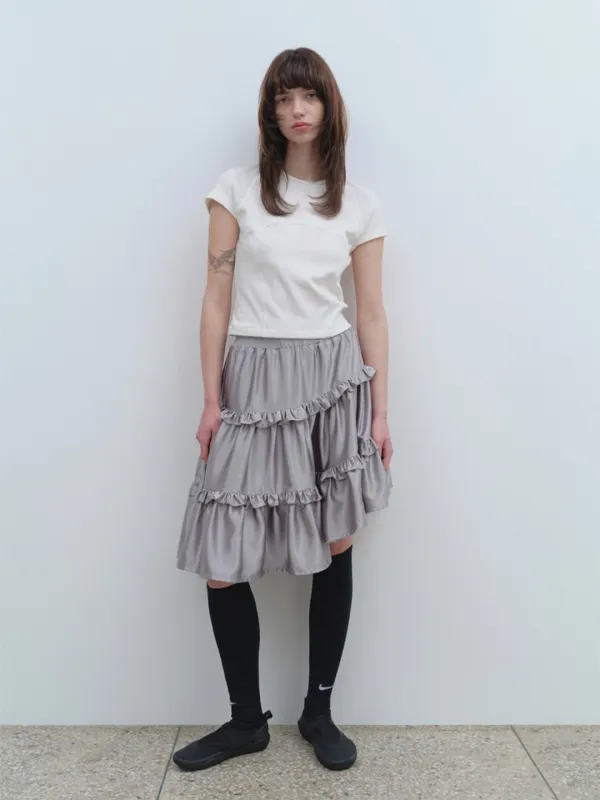 Ruffle Satin Midi Skirt [Gray]