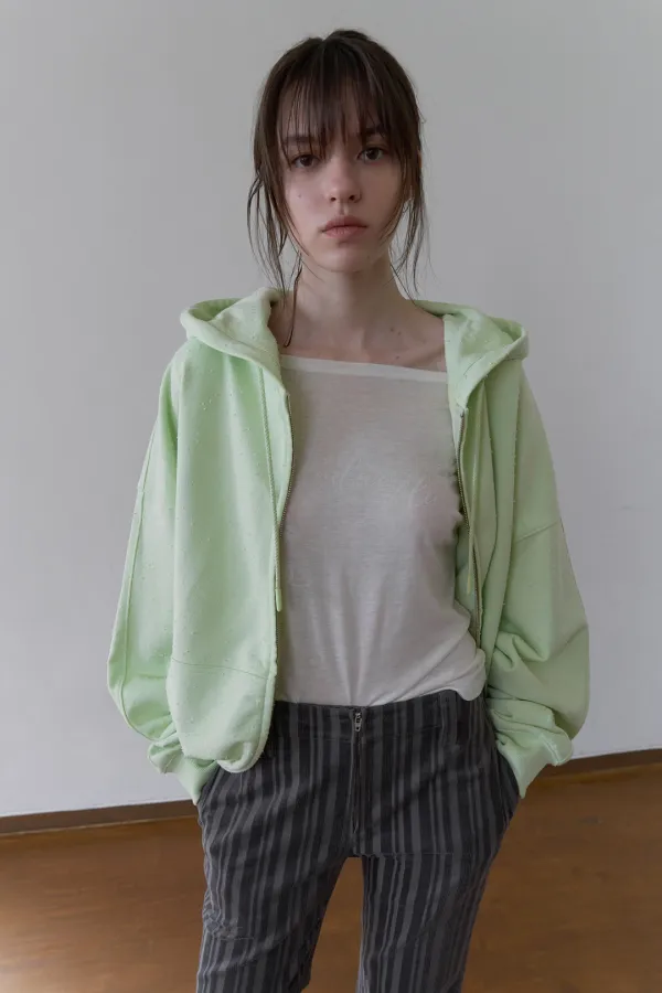 DAMAGED WASHED ZIP-UP HOODIE_APPLE GREEN