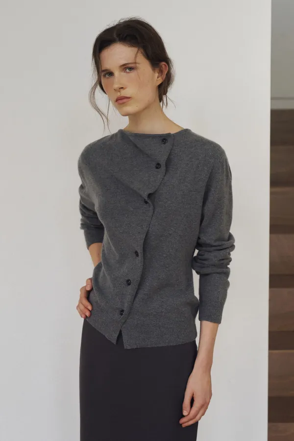 Diagonal Button Knit Cardigan[LMBFAUKN313]-Charcoal
