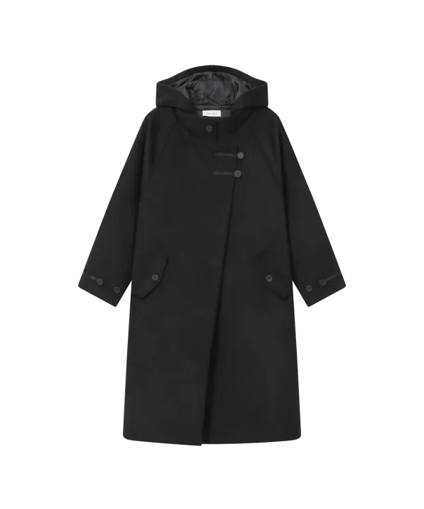 [레이 PICK] Asymmetric hoodie long duffle coat BLACK