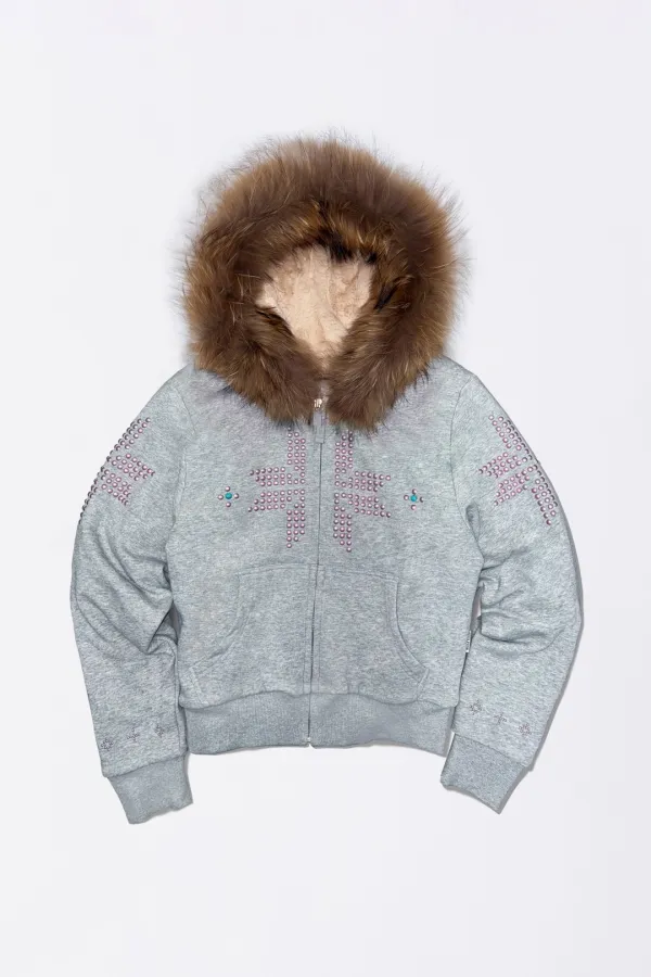 Fur Trimming Hooded Zip-Up Melange Gray