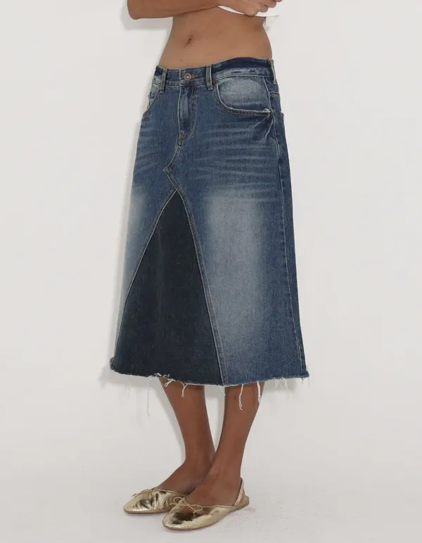 CONTRASTING WASHED DENIM SKIRT, BLUE